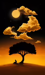a silhouette of an oak tree, two people sitting under the moon