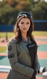 a young woman in pilot attire posing on a tennis court