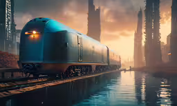 a train is on the train tracks going down some water,the train is driving down the tracks in a misty forest