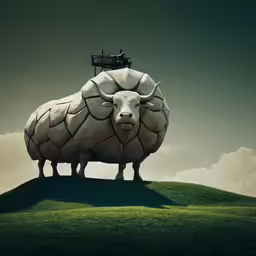 a very large white sheep standing on top of a hill