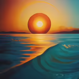 painting on the wall with large sun rising in the distance