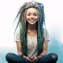 a girl with a big smile and some long hair