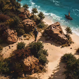 this aerial view shows a man walking along the beach