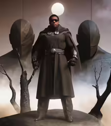a man standing in front of two surreal trees