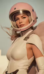 a beautiful lady in white holding a motorcycle helmet
