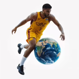 a man with a basketball in midair over the earth