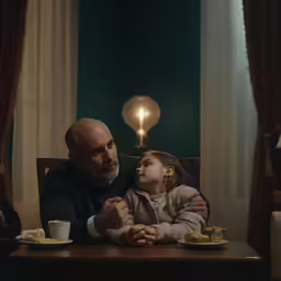 an older man sitting at a table with a little girl