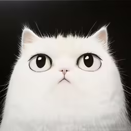 a white cat with big black eyes looks upward