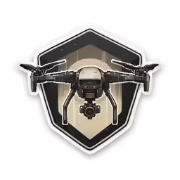 sticker that looks like a small drone flying above a triangle