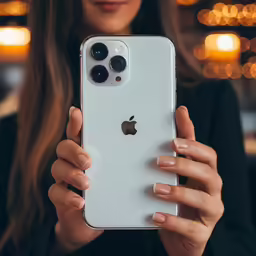 a woman holding up an apple iphone 11