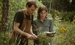 man and woman looking at a book in the grass