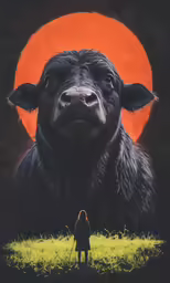 a painting of a cow in the background with an orange sun