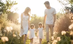 two adults and a child walking in a field holding hands