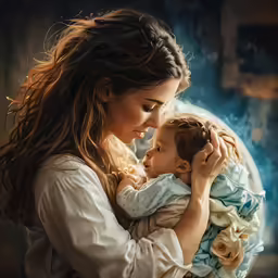 a woman holding a baby next to an illuminated wall