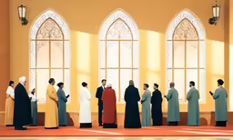 there are many people standing around a yellow room