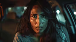 a woman is looking out the window of her car,a woman is sitting in a car looking back