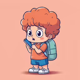 a little boy with red hair standing with a backpack