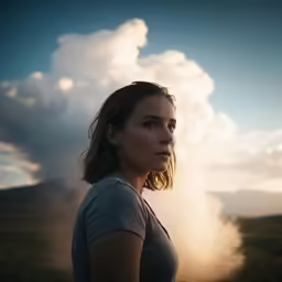 a woman with her head up is shown standing near some clouds