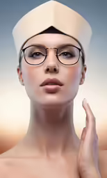 a woman wearing glasses and a white hat