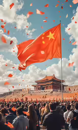 many people looking at an orange flag in front of a chinese building