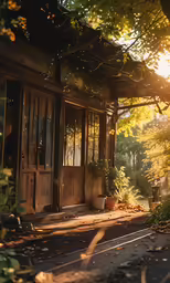 a house with a wooden front door next to trees