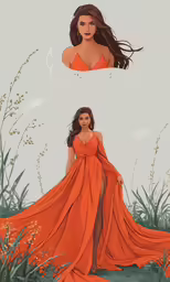 a woman is wearing an orange dress