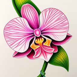 a flower with a green stem, painted pink,a painting of a flower with green leaves