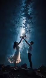 two people are holding hands, one is holding a bouquet of flowers in the sky