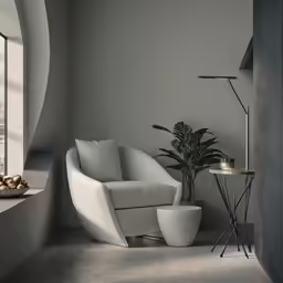 this room features grey walls and white furniture with a potted plant on the floor