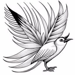 the drawing shows a small bird with its wings spread wide,a bird with leaves on its wings is shown
