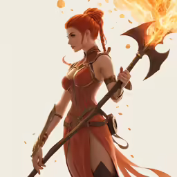 an illustration of a girl with an orange outfit and large, winged sword