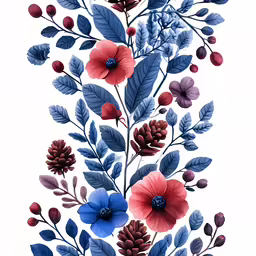 a bouquet of colorful flowers and leafs with red, white and blue leaves