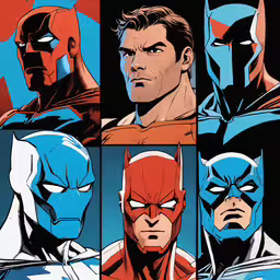 comic characters with different colors and sizes in front of black background,the batman gang in blue, red and white colors