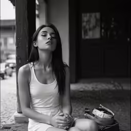 a black and white image of a woman with closed eyes meditating