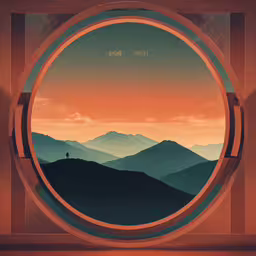 an artistic looking photo with a mountain view in a round frame,the scenery of a mountain range through a round window