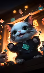 a cat standing up and wearing some cards