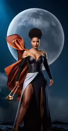 a woman in black and white clothing and gold accessories