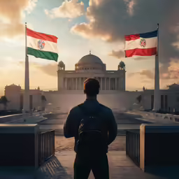 there is a man standing near a building and two flags