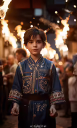 a young boy dressed in chinese clothing and lights above