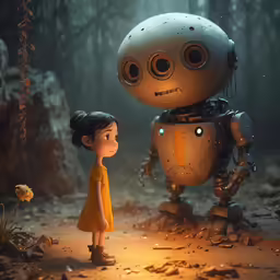 the cartoon character is staring at an oversized robot