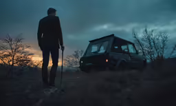 a person standing next to a truck on a hill