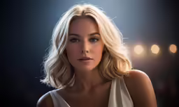 the blonde haired woman is wearing an elegant dress