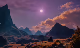 a man in black sitting on top of a mountain under a purple sky