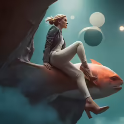 a woman is sitting on top of an animal
