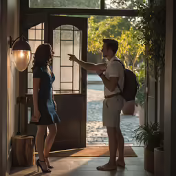 a man is pointing at his woman on the door