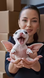 the woman holds up a toy chihuahua dog