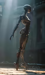 the humanoid stands in a dark alley with his legs and arm spread out