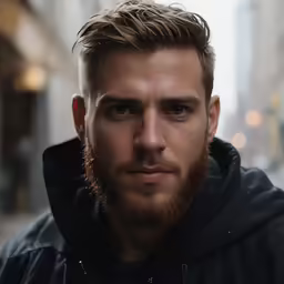 a man with a beard is standing in a city
