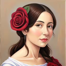 a painting of a woman with a red rose on her head,a painting of a woman with a rose in her hair
