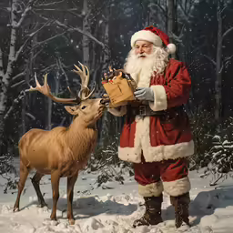 a santa claus is feeding a deer in the snow